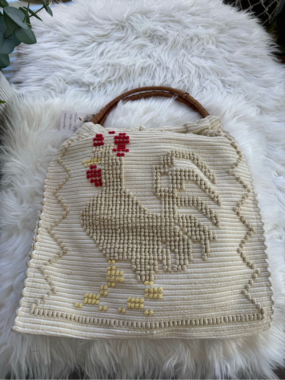 Handwoven Portuguese Rooster Tote Bag with Wooden Handles